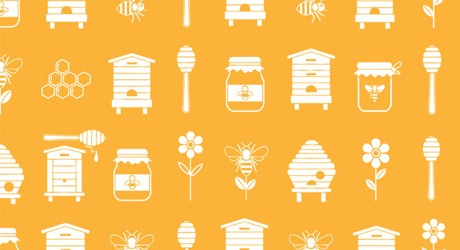 Beehive pattern background featuring cute honeycomb illustrations with honey dippers and small flowers perfect for rustic honey brand packaging design projects.