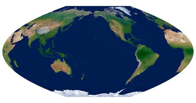 World Map. McBryde-Thomas flat-polar parabolic pseudocylindrical projection. Animated longitude rotation of detailed physical Earth map.