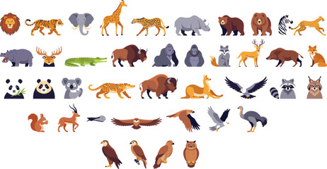 Obraz premium Wild Animal and Birds Mascot Icon Bundle with Lion Tiger Elephant Giraffe Bear Eagle and Owl for Zoo and Nature Vector
