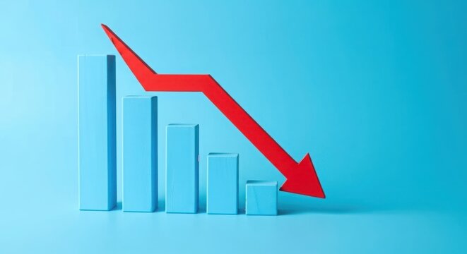 Red arrow graph shows sharp decline on blue background