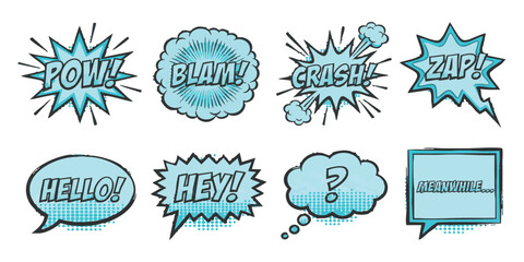 Set of colorful comic book speech bubbles with various sound effects and expressions for graphic design projects © ZenVectors