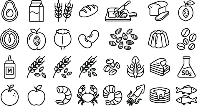 Common Food Intolerance and Dietary Sensitivity Icons for Product Packaging Labels, Grocery Shopping Apps, and Restaurant Menu Design Elements