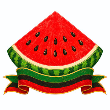 Festive watermelon slice clipart with decorative ribbon banner, rich red and green palette, gold trim and subtle vintage texture on a white background