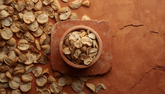 Fragrance Ingredient Advertisement of Kapur Kachri Lumps in Stone Pot on Clay Tile