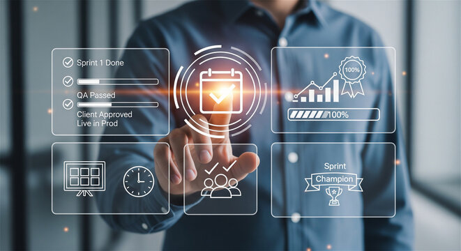 Project management dashboard with digital calendar and sprint goals, businessman using interactive business planning interface, agile workflow visualization