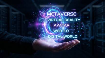 Fototapeta premium A hand holding a glowing purple and blue metaverse virtual reality avatar
