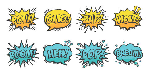 Set of colorful comic book speech bubbles with funny expressions and sound effects for graphic design projects © ZenVectors