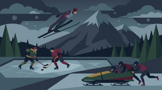 Winter sports collage with athletes competing in hockey bobsled and ski jumping.