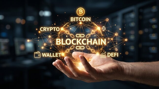 A hand holding a glowing blockchain network with bitcoin and crypto elements