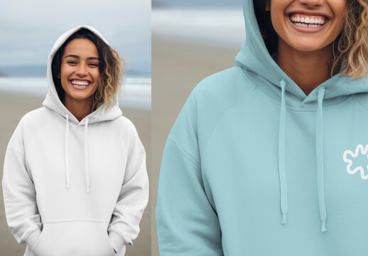 Smiling Woman Wearing Hoodies Mockup Beachside PSD