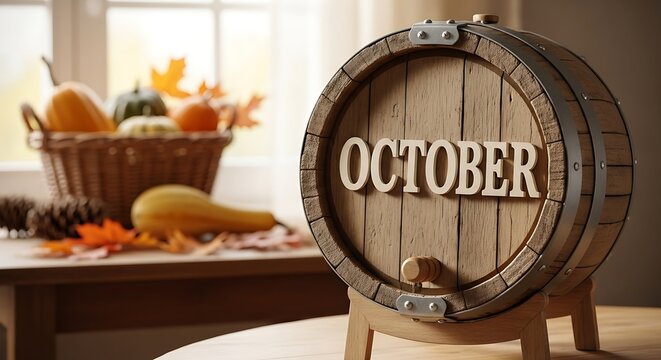 Autumnal scene with "OCTOBER" on a barrel, pumpkins, leaves, and a basket by a window