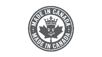 Fototapeta premium Circular emblem featuring a smiling maple leaf character wearing a crown, text made in canada, and decorative halftone isolated on white background