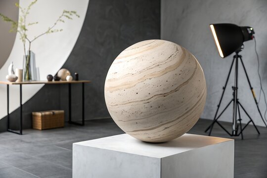 Large beige marble sphere with intricate natural swirling veins rests elegantly on a smooth white cubic pedestal within a contemporary studio setting featuring soft warm lighting and professional arti