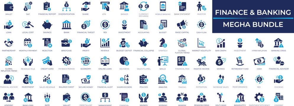 Finance and banking solid icons set for Wallet, tax, credit card,  money, currency, payment, profit, economy, transaction, savings icons collection. Vector illustration.