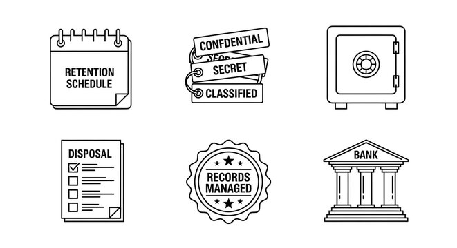 Black & white icons showing record management & data security symbols, including a safe