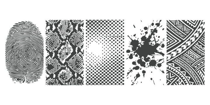 Set of five different black and white textured patterns including fingerprint snake skin dots ink and tribal