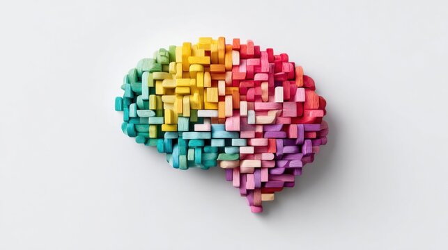 Abstract colorful brain made of wooden blocks on a white background