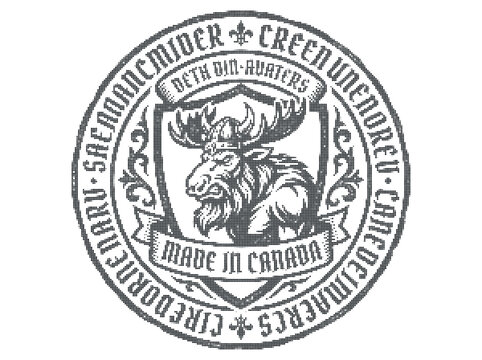 Circular emblem featuring a viking moose, shield, and the text made in canada with decorative borders on a halftone white background isolated
