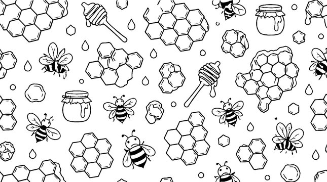 Black and white bee and honeycomb pattern illustration.