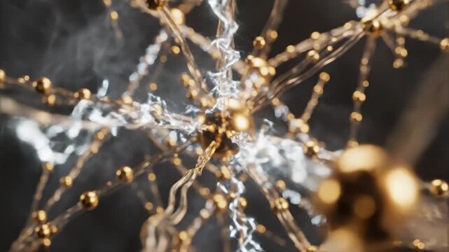 Abstract golden spheres connected by transparent threads, science, network, technology, dark background