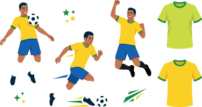 Vector flat illustration set featuring cartoon soccer football players in yellow and blue uniform jerseys dribbling running and celebrating victory