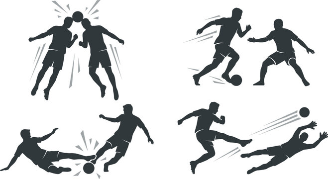 Vector black silhouette illustration set featuring soccer football player match scenarios including header duels sliding tackles dribbling and goalkeeper saves