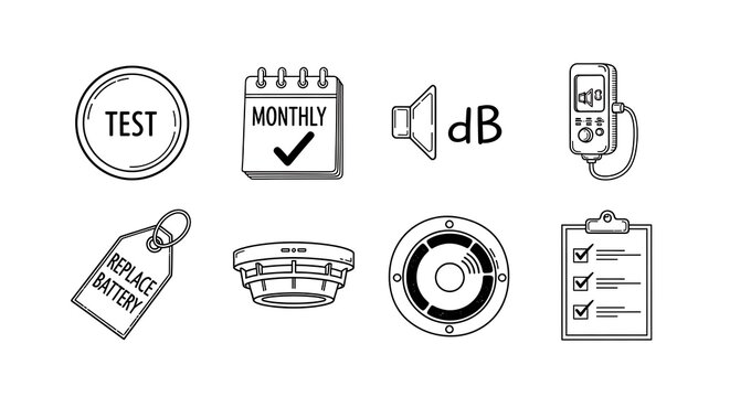 Black and white icons related to safety checks testing, alarms, sound levels