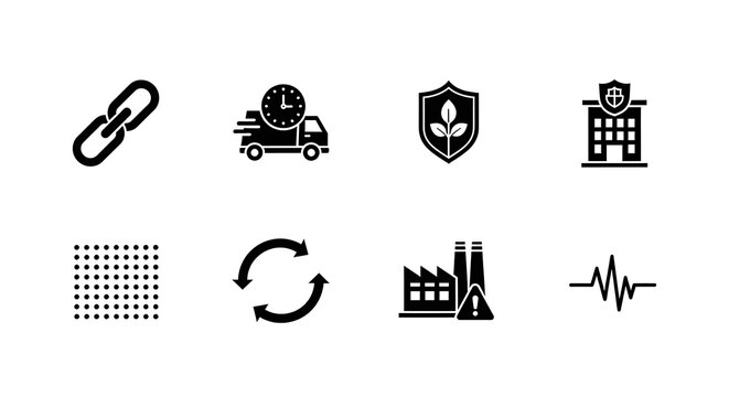 Black and white icons representing various concepts like connection, delivery, protection, and industry
