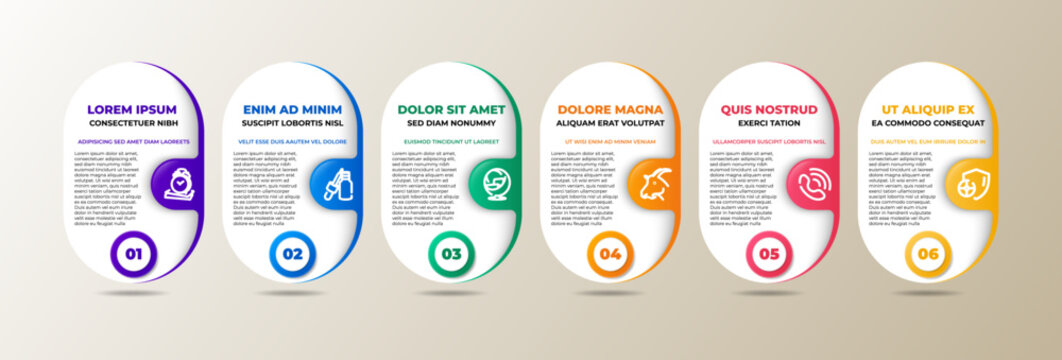 6 steps infographic template with 6 options. Flowchart that can be used for business report, data visualization and presentation. Timeline infographic elements vector illustration.