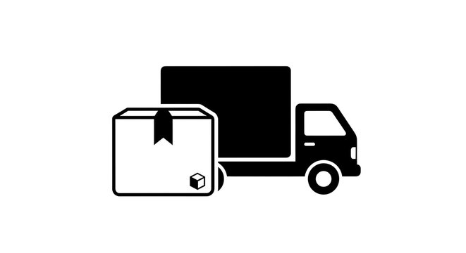 Black and white illustration of a box next to a cargo truck, ready for transport