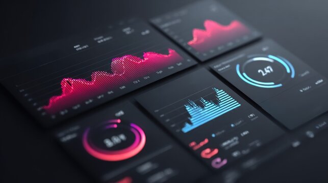 Modern digital dashboard displaying financial charts and analytics with vibrant neon colors