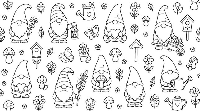 Whimsical gnome garden illustration with flowers and mushrooms.