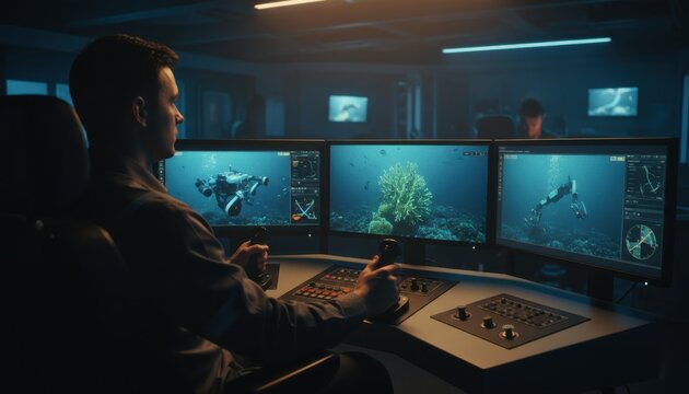 Professional rov operator controlling a deep sea underwater robot from a research vessel control room dashboard