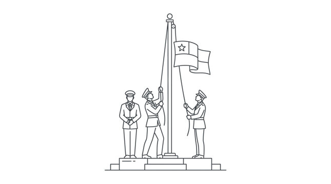 Line art illustration of soldiers raising a national flag on a flagpole during a ceremony