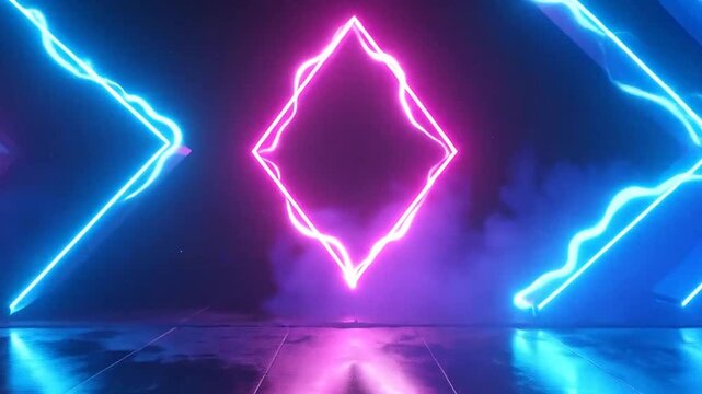 Glowing neon arrows and a diamond shape on a dark wet floor