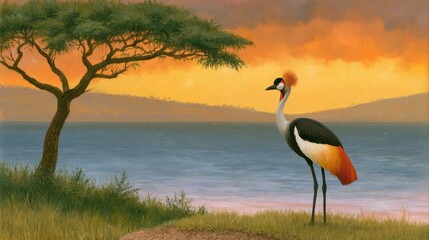 Obraz premium Grey crowned crane standing near acacia tree by the lake at golden sunset