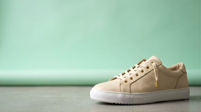 Single beige leather sneaker on a green background with empty space