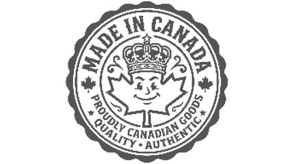 Fototapeta premium Decorative circular seal with a scalloped edge, featuring a crowned maple leaf character, text made in canada, and stars isolated on white halftone