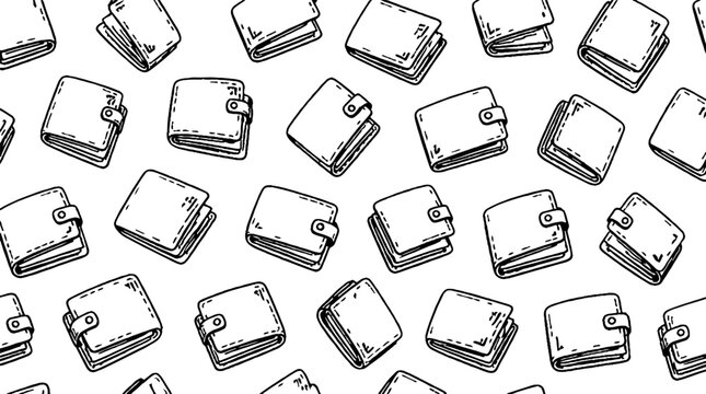 Repeating pattern of hand drawn leather wallets.