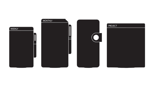 Set of four modern wireless Bluetooth speakers in black color isolated on white background.