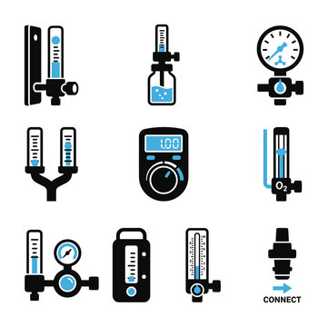 Medical gas equipment icons set isolated on grey background