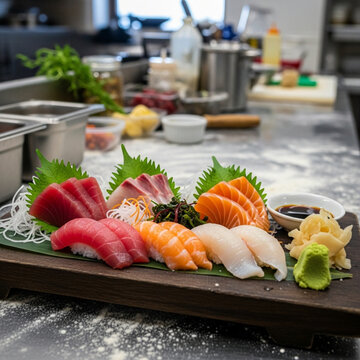 sushi and sashimi platter on a wooden board in a professional kitchen with chefs in the background