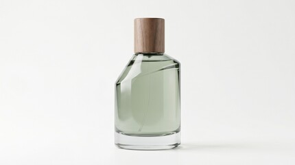 Fototapeta premium Sage green asymmetric perfume bottle with wood-tone cap on white background, natural sustainable fragrance photography