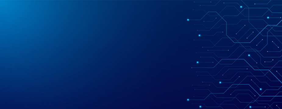 Technology vector background concept. Feturustic bunner with circuit traces on gradient blue background. Digital banner for engineering concept, futuristic project, game design.