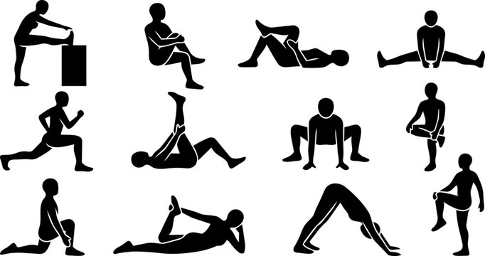 Lower Body and Leg Stretching Silhouette Icon Set