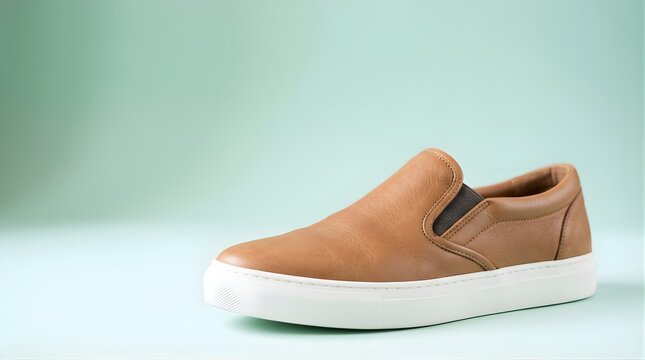 Single brown leather slip-on shoe isolated on a mint green background