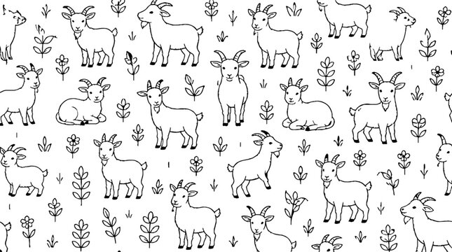 Whimsical goat pattern with floral accents illustration.