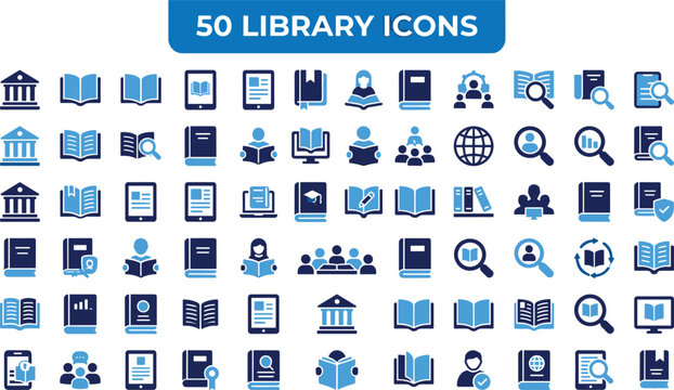 Library and education vector icon set featuring books reading digital ebooks university study literature and knowledge archives
