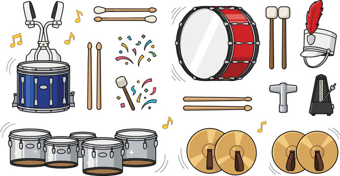 Marching Band and Percussion Instrument Vector Icon Set Featuring Snare Drum Bass Drum Tenor Drums Cymbals Drumsticks Shako Hat and Metronome