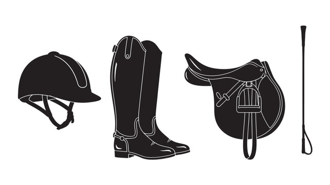 Equestrian Riding Gear Including Helmet Boots and Saddle Set.